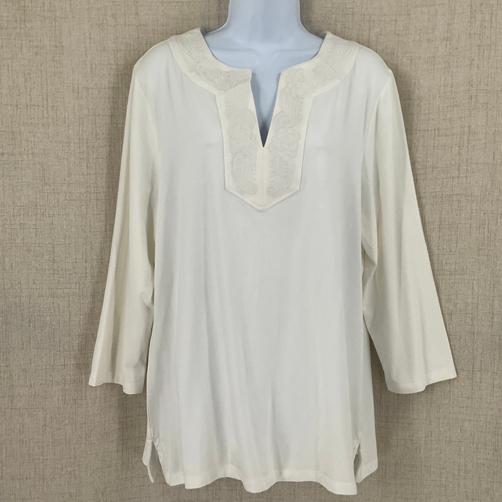 Charter Club Top Women XL White Cotton Embroidered Split Neck‎ Resort Boho NEW